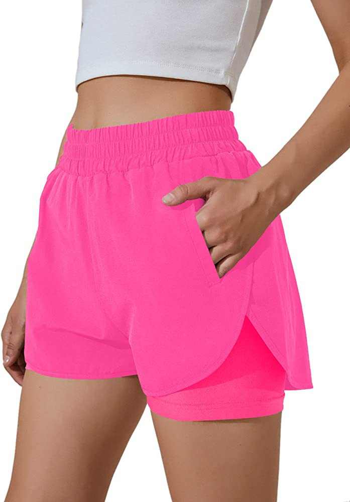 BMJL Women's Running Shorts Elastic Waistband High Waisted Shorts Pocket Sporty Workout Shorts Gy... | Amazon (US)