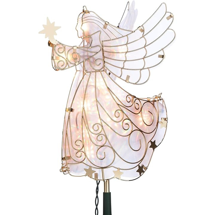 11 Inch Tall Stained Glass Look Gold Metal Lighted Angel Tree Topper | Amazon (US)