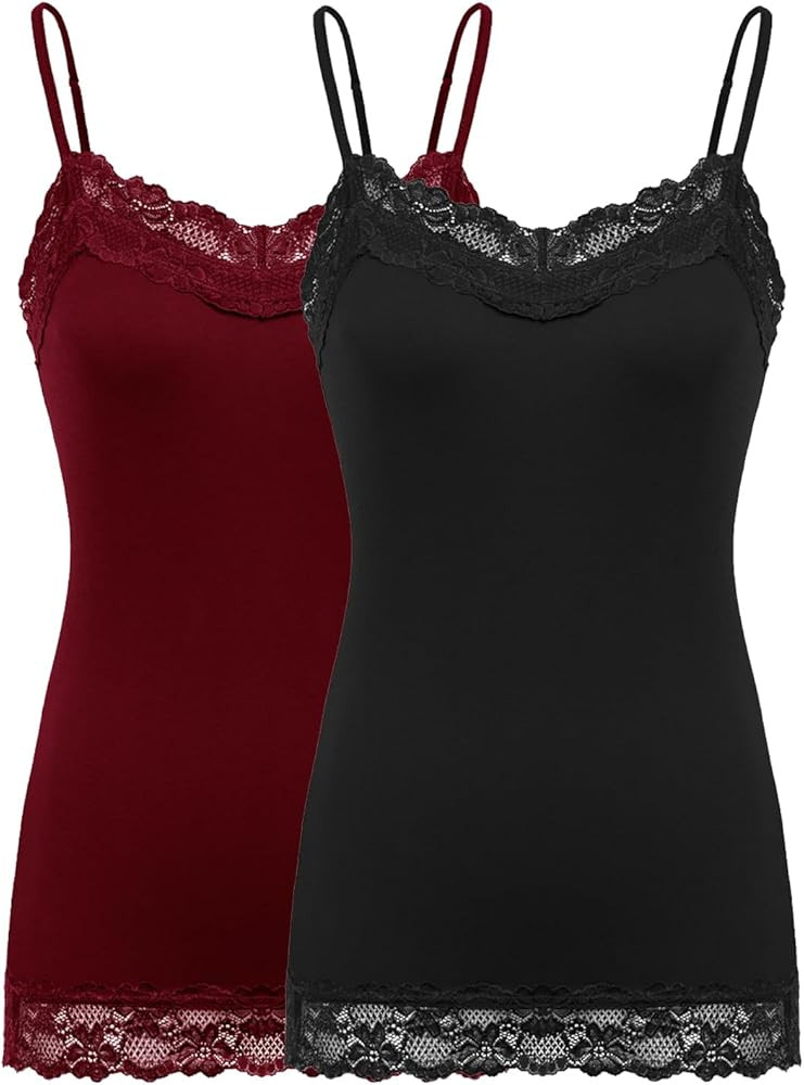 Kate Kasin Women's Adjustable Spaghetti Strap Lace Trim Cami Tunic Tank Top 2PACK | Amazon (US)