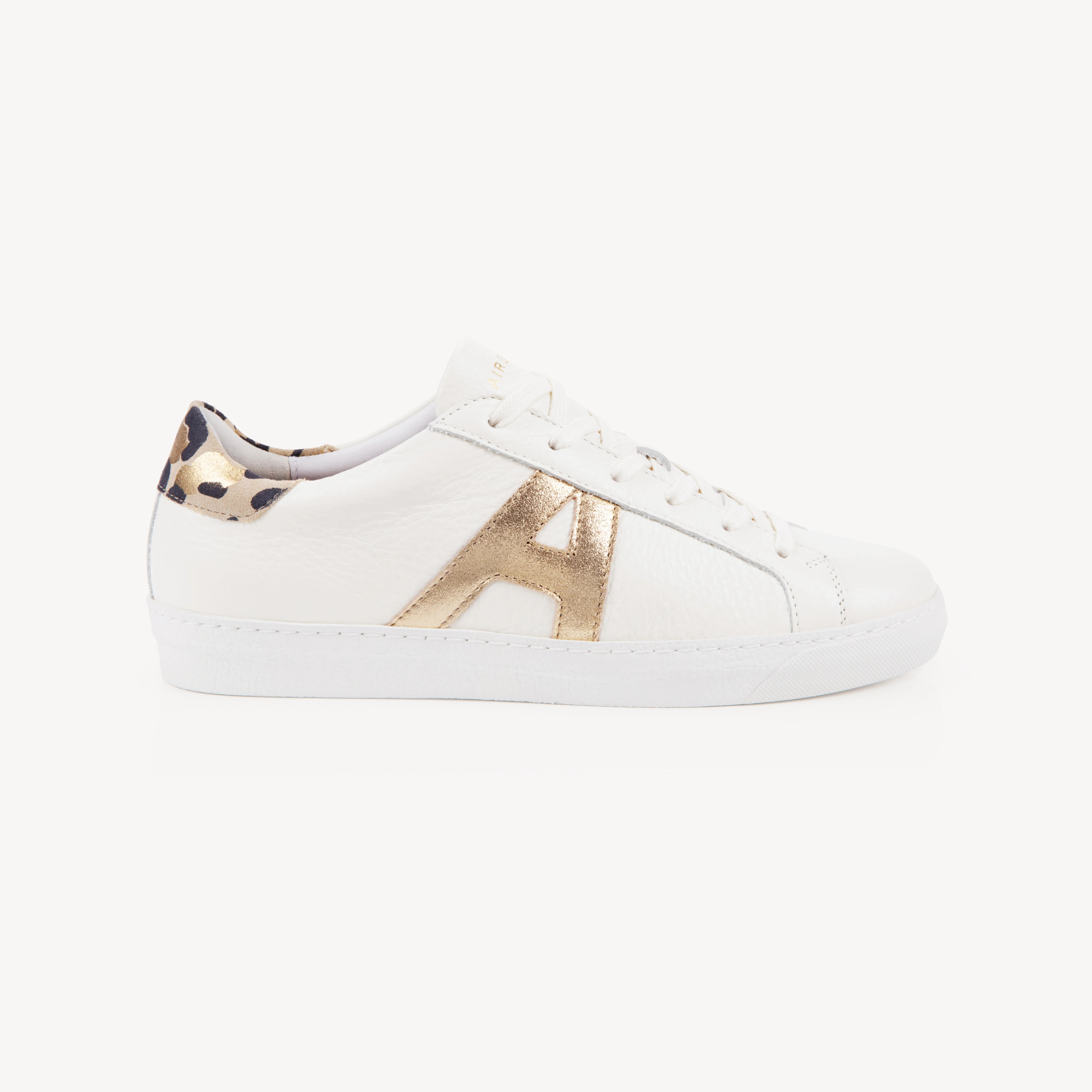Cru Signature: Off White, Gold & Leopard Leather Trainers | Air & Grace
