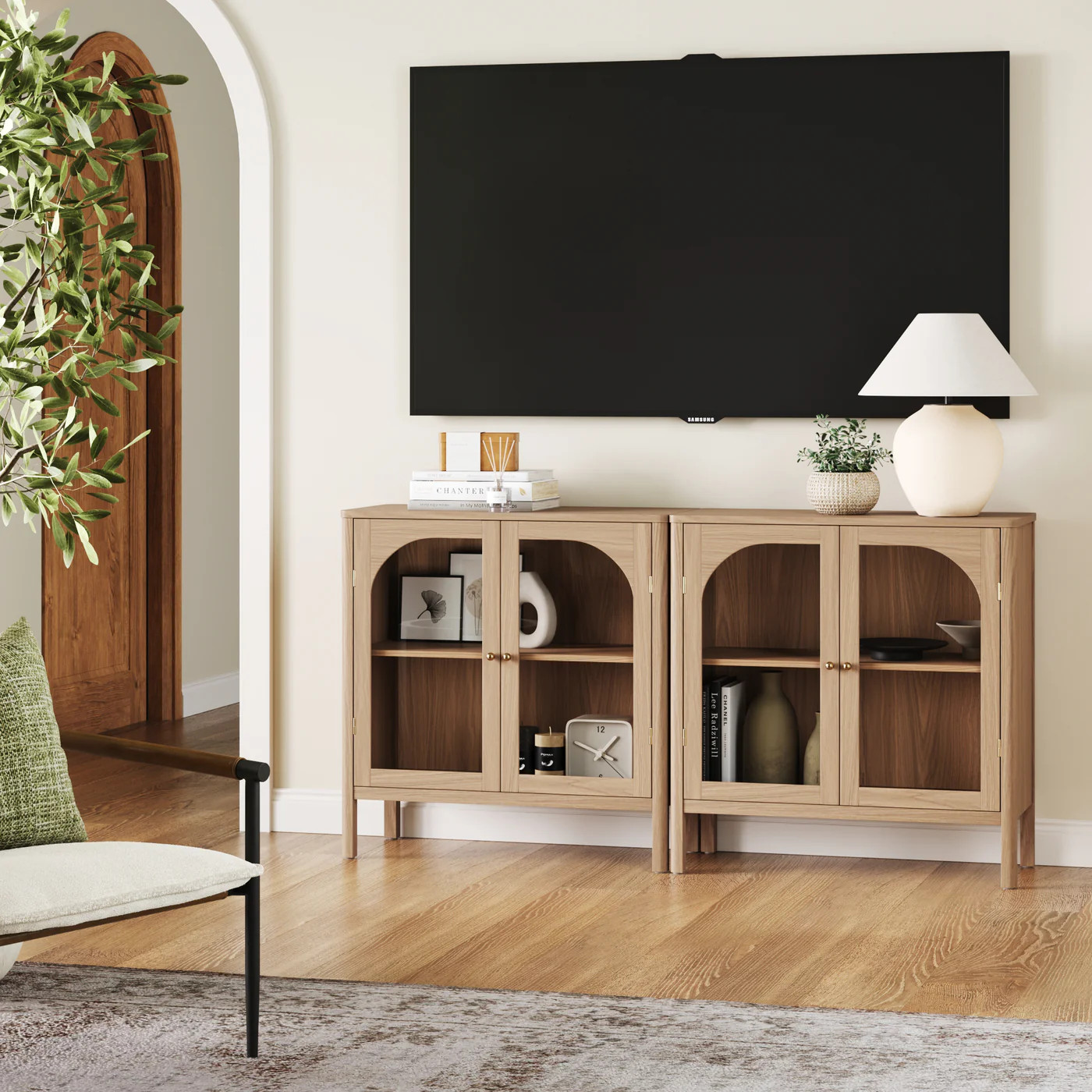 Wood & Glass Door TV Console Credenza Raw Oak (Set of 2) | Nathan James
