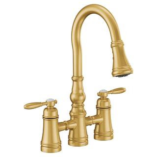 Weymouth 2-Handle High-Arc Bridge Kitchen Faucet in Brushed Gold | The Home Depot