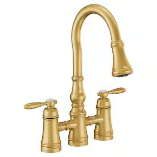 Weymouth 2-Handle High-Arc Bridge Kitchen Faucet in Brushed Gold | The Home Depot