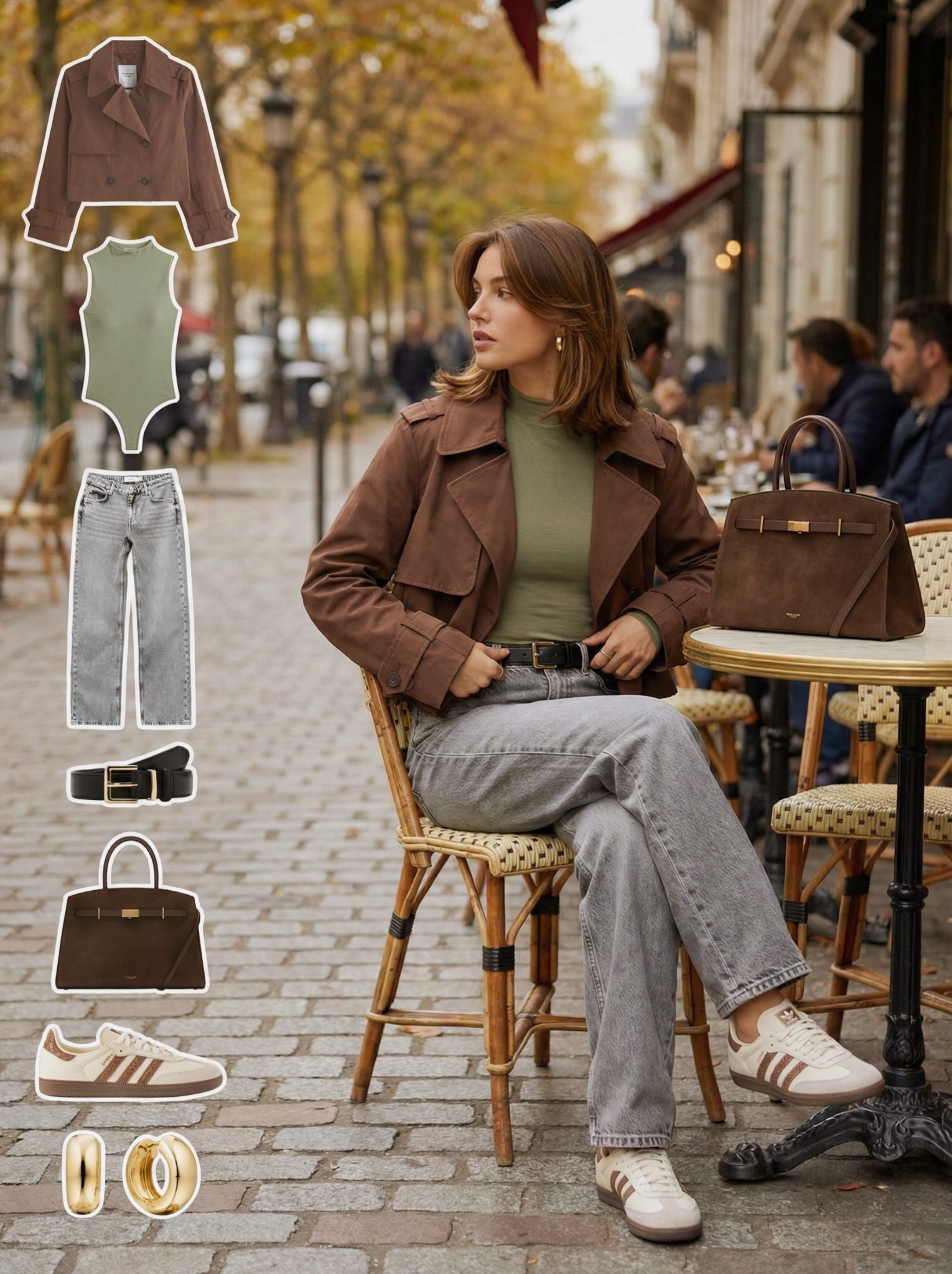 Earthy Layers for Effortless Fall 🍂

A warm brown trench over soft olive creates the perfect tonal pairing for crisp city days. Light grey denim keeps the look fresh while deep chocolate accessories add that elevated, timeless touch. Casual sneakers balance the structure, making this outfit ideal for everyday wear with polish.

✨ Style Details:
• Cropped brown trench jacket  
• Olive fitted top for a sleek base  
• Light grey straight-leg jeans  
• Black leather belt for contrast  
• Brown structured handbag  
• Retro neutral sneakers  
• Gold hoops for subtle shine  

#LTKSeasonal #LTKstyletip