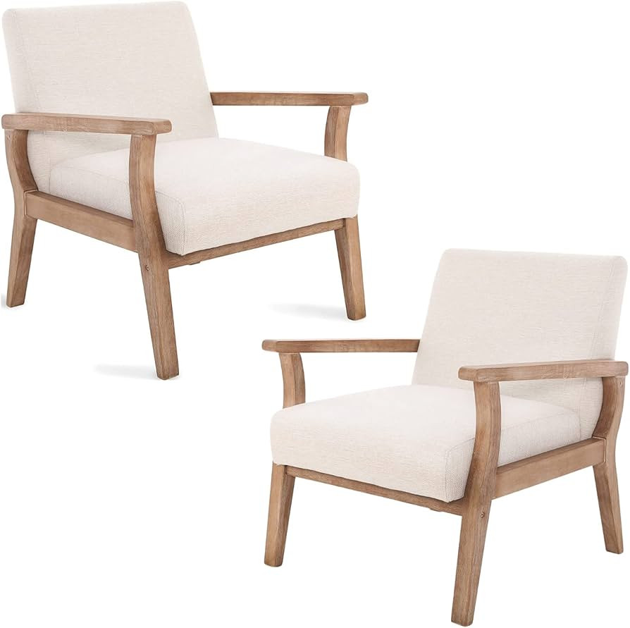 Beige Accent Chair Set of 2 Mid Century Modern Armchair Wood Sitting Chair Linen Fabric Upholster... | Amazon (US)