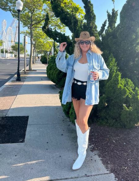 Country concert outfit, Nashville outfit, summer outfit, midsize outfit, black denim shorts, denim shacket, cowgirl hat, coastal cowgirl outfit 

#LTKFestival #LTKMidsize #LTKStyleTip
