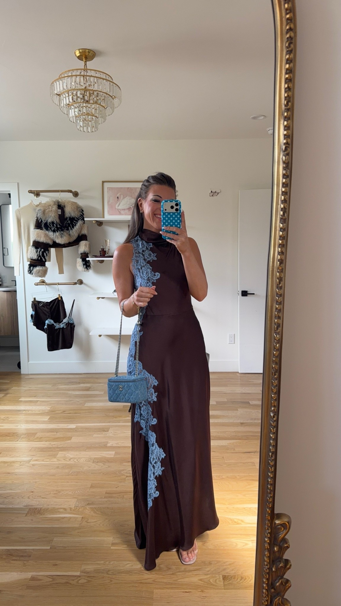 brown satin sleeveless maxi with a high neck and blue lace trim down one side wedding guest dress for fall and winter 🍂 

revolve code: tulip
electric picks: emerson20

I'm 5'4 wearing my usual size small/2

Fall wedding guest dresses, wedding guest dresses, cocktail dresses, semi-formal dresses, black tie wedding guest dresses, destination wedding guest dresses, garden party dresses, wedding guest outfit ideas