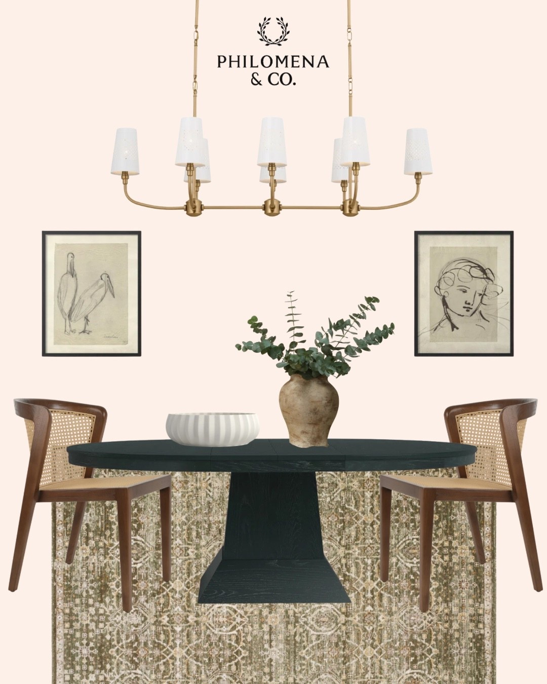 modern dining room ideas, curated dining room style, dining room mood board, neutral dining room decor, elegant dining room inspiration, timeless dining room setup, modern classic dining room, farmhouse dining room design, designer dining room furniture, minimalist dining room style, round dining table styling, cane dining chairs, wood dining table setup, cozy dining room vibes, natural textures home decor, earthy tone interiors, curated home design, vintage wall art, decorative lighting fixture, textured rug dining room, neutral home, black dining room table, walnut chairs, wall art, linear chandelier, #HomeStylingInspo, #InteriorStylingIdeas, #CollectedHome