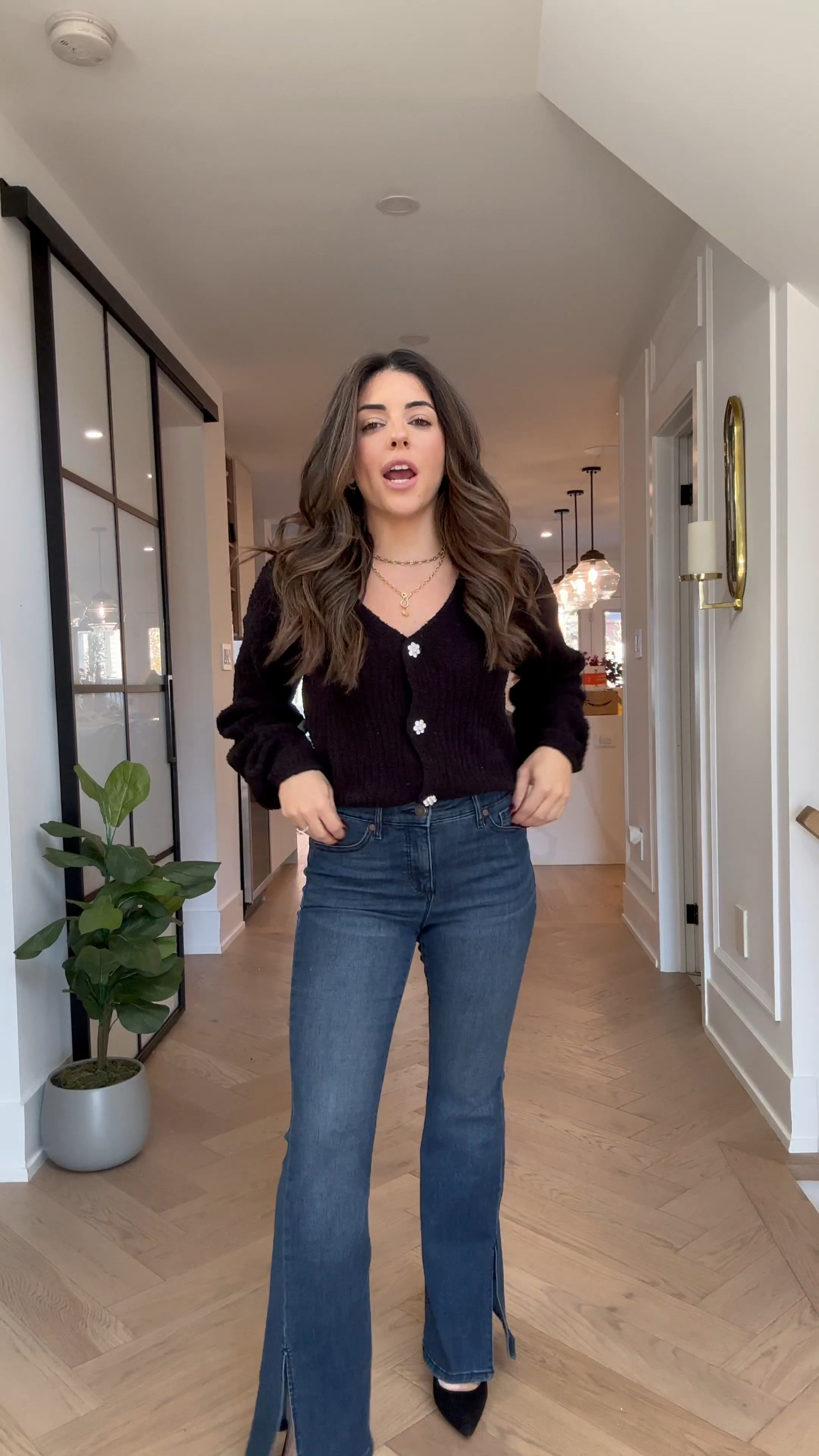 This elegant and effortless outfit from Walmart is perfect for holidays with the rhinestone cardigan and flare, split hem jeans I am wearing a size small cardigan and size 0 short jeans 

#LTKstyletip #LTKunder100 #LTKsalealert