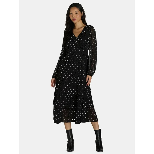 Time and Tru Women's and Women's Plus Print Dress with Long Sleeves, Size XS-4X | Walmart (US)