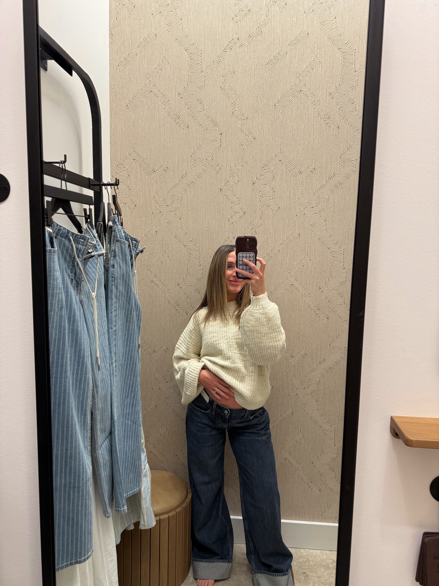 I’m 5’2” in medium sweater + 27 reg length jeans (up 2 sizes for pregnancy, probably could do a short length in them) 