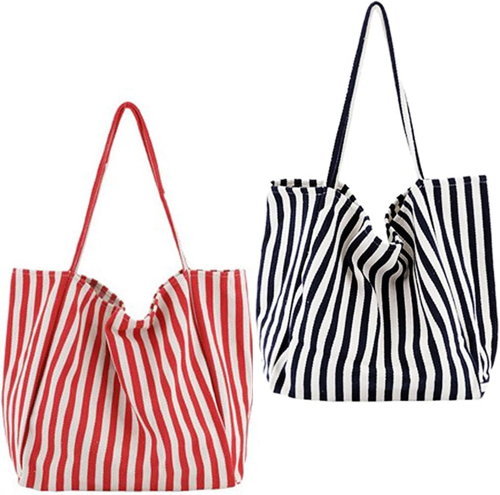 2 Pcs Lightweight Soft Casual Striped Canvas Shopping Tote Bags with Inner Pocket | Amazon (US)