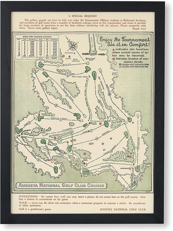 Historic Map - Augusta National Golf Club Course, 1954, Augusta National Golf Club - Vintage Wall... | Amazon (US)