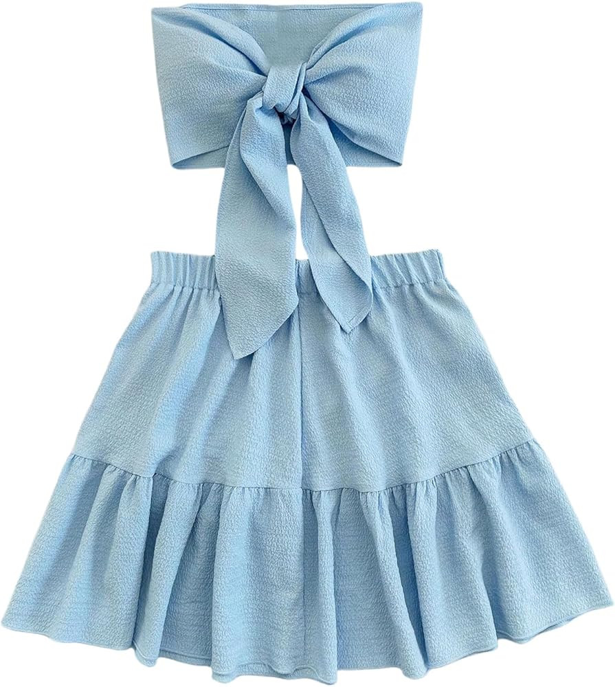 SweatyRocks Women's 2 Piece Outfits Tie Knot Strapless Crop Tube Top and Ruffle Mini Skirt | Amazon (US)