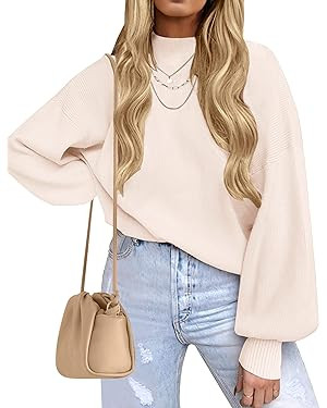 ZESICA Women's 2024 Casual Turtleneck Long Lantern Sleeve Oversized Ribbed Knit Pullover Sweater ... | Amazon (US)