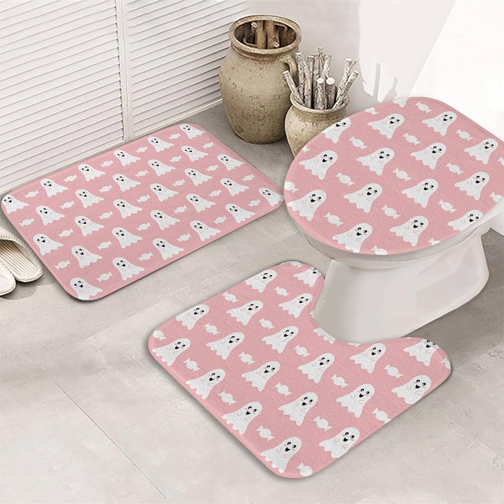 Pink Halloween Bath Rug and Mat Set 3-Pieces, Cute Spooky Ghost Candies Non-Slip Absorbent Bathro... | Amazon (US)