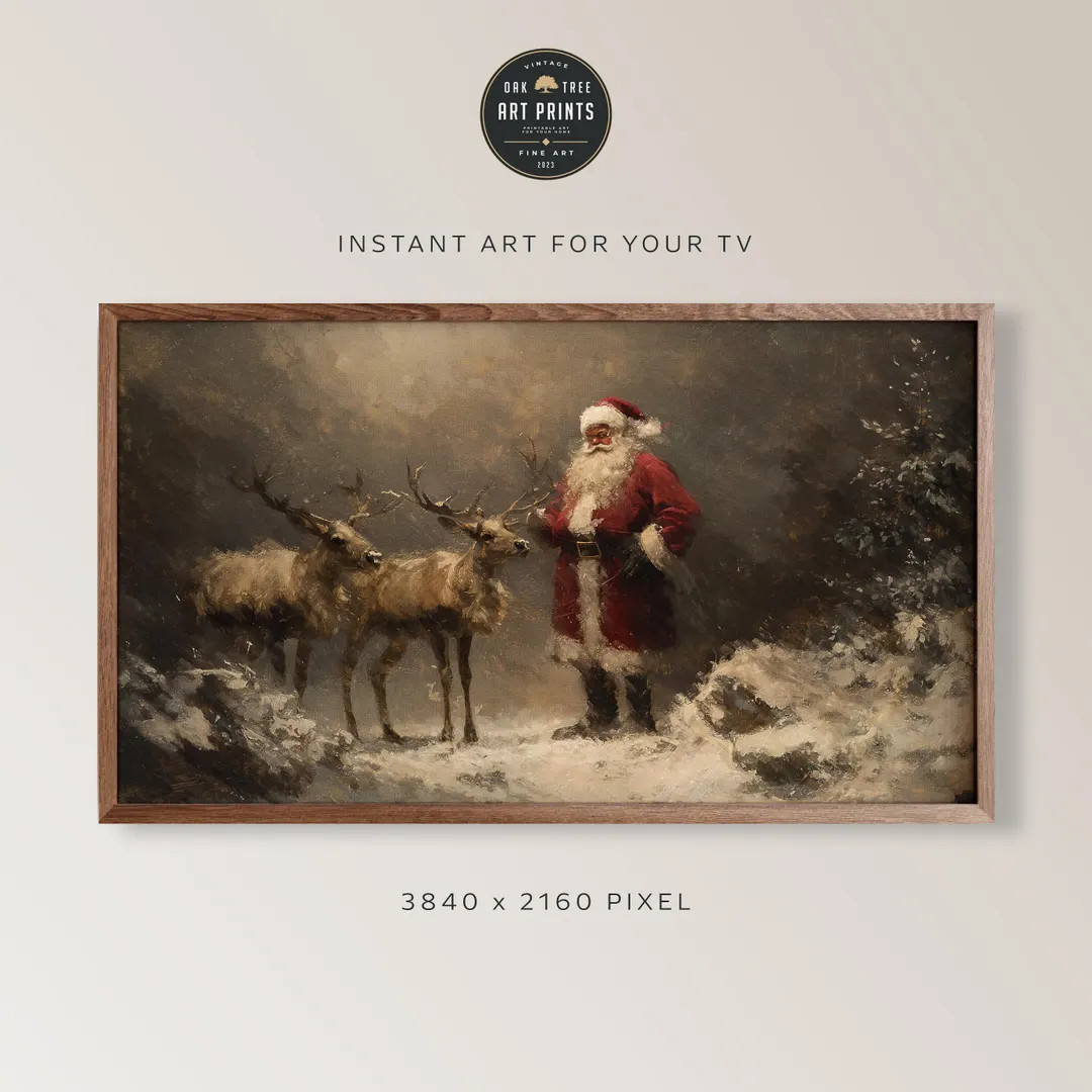 Vintage Santa Claus Christmas TV Frame Art, Neutral Holiday Painting, Digital Download, Home Deco... | Etsy (US)