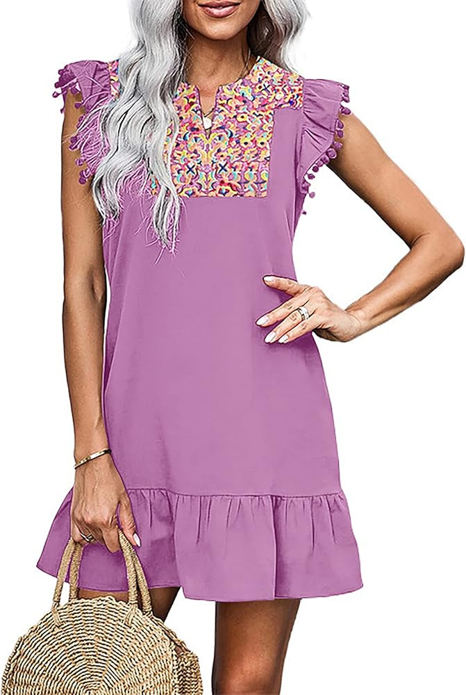 KIRUNDO 2023 Women's Summer Mini Dress Casual V Neck Floral Embroidered Ruffle Sleeveless Shift D... | Amazon (US)