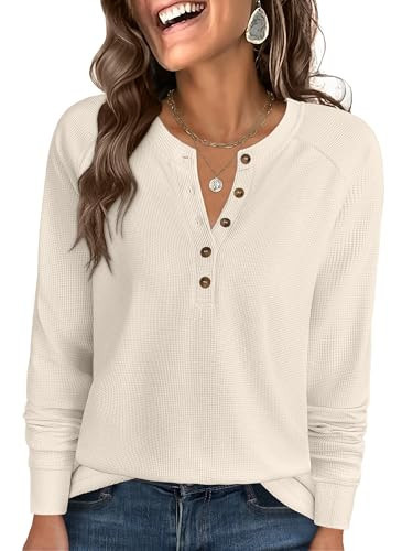 ANRABESS Women's Long Sleeve Waffle Knit Shirts Dressy Casual Loose Button Up V Neck Henley Tops 2025 Fall Basic Tee Blouse Parchment XX-Large | Amazon (US)