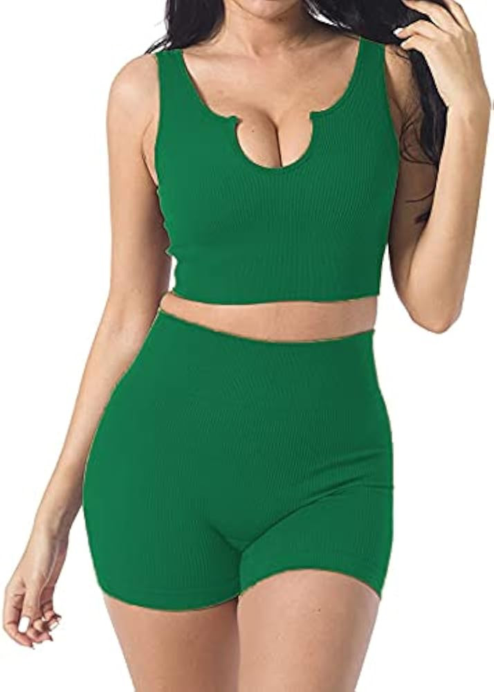 Seamless Workout Sets for Women 2 Piece Yoga Outfits Ribbed High Waist Leggings with Sports Bra Gym  | Amazon (US)