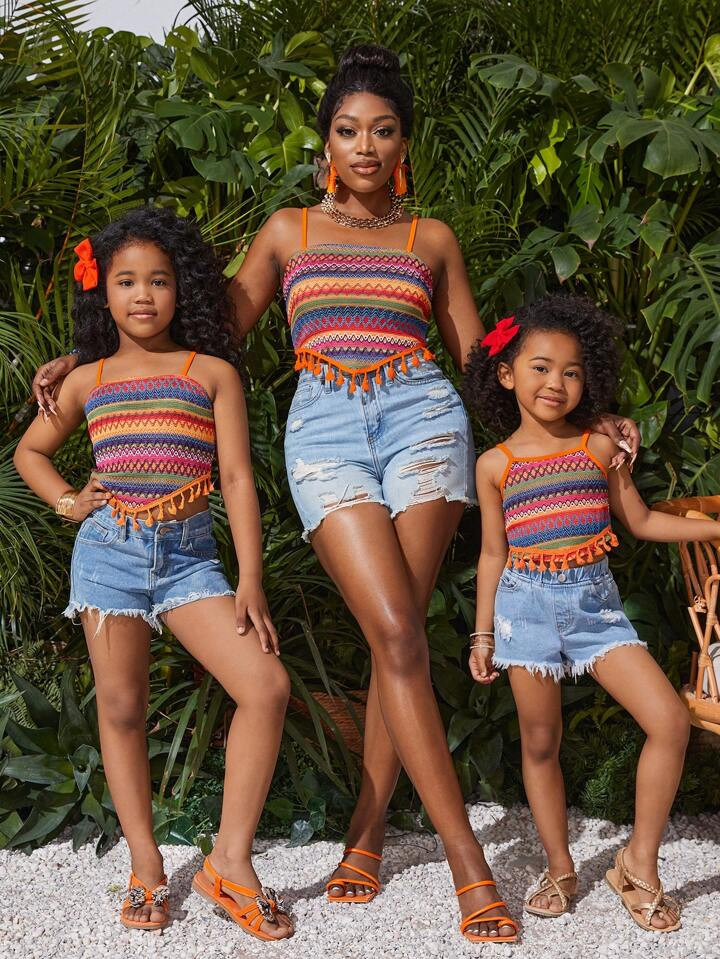 SHEIN Young Girl Knitted Striped Irregular Hem Slim Fit Leisure Vacation Tank Top | SHEIN