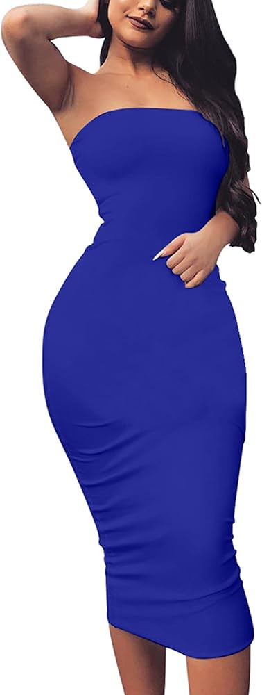 BORIFLORS Women's Basic Sleeveless Tube Top Sexy Strapless Bodycon Midi Club Dress | Amazon (US)