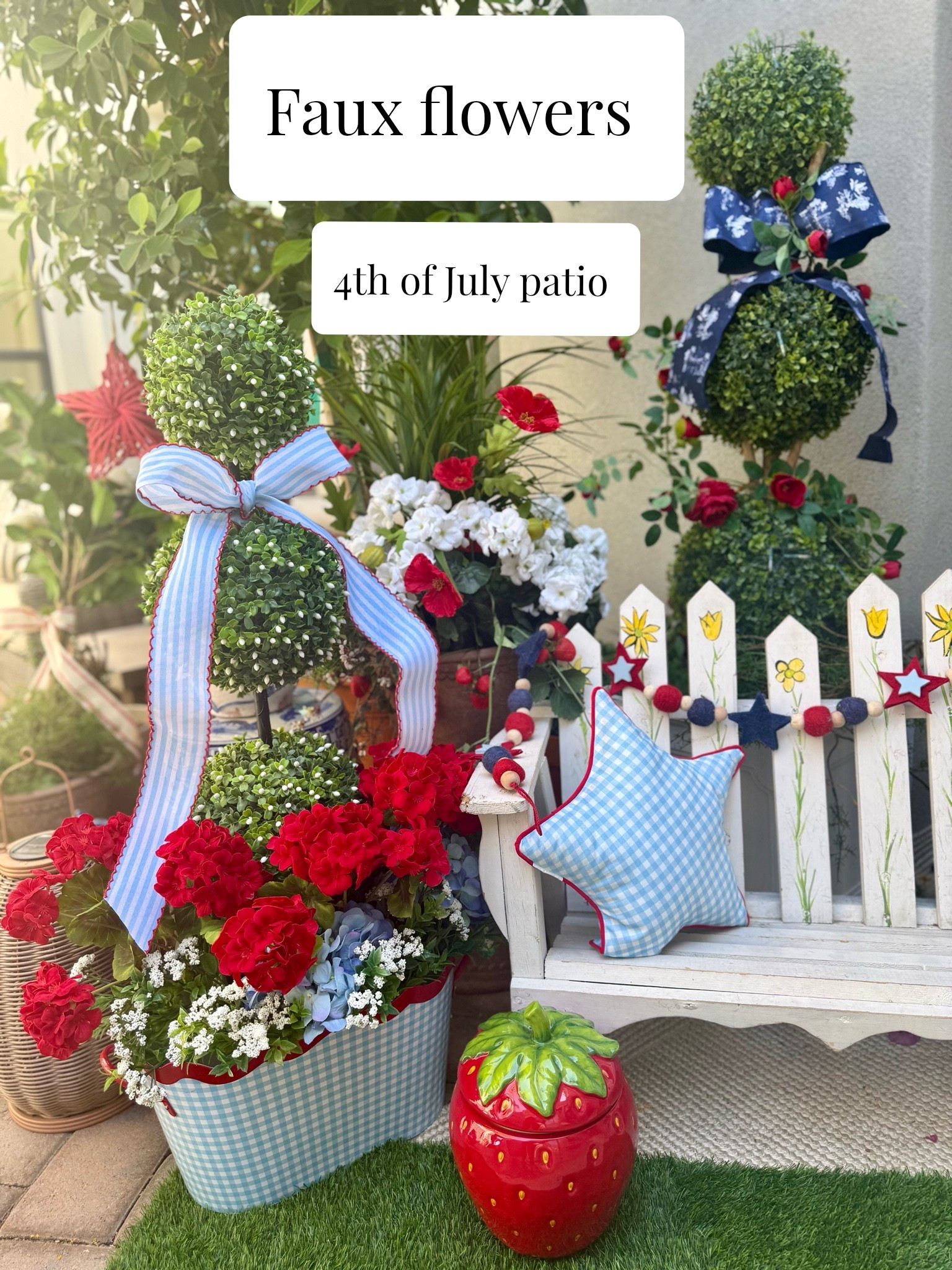 #LTKPATIO, #LTK4thofjuly

These faux flower topiary 🌳 bring in the green, red uv geraniums, alyssum and roses, perfect star accents, and garland from Michaels👏

#LTKHome #LTKSeasonal