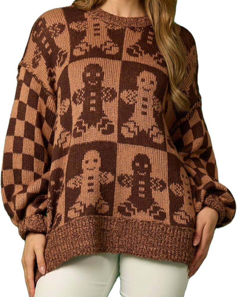 Women Checkered Holiday Oversized Sweater Cute Plaid Print Crewneck Sweatshirt Y2k Knit Puff Slee... | Amazon (US)