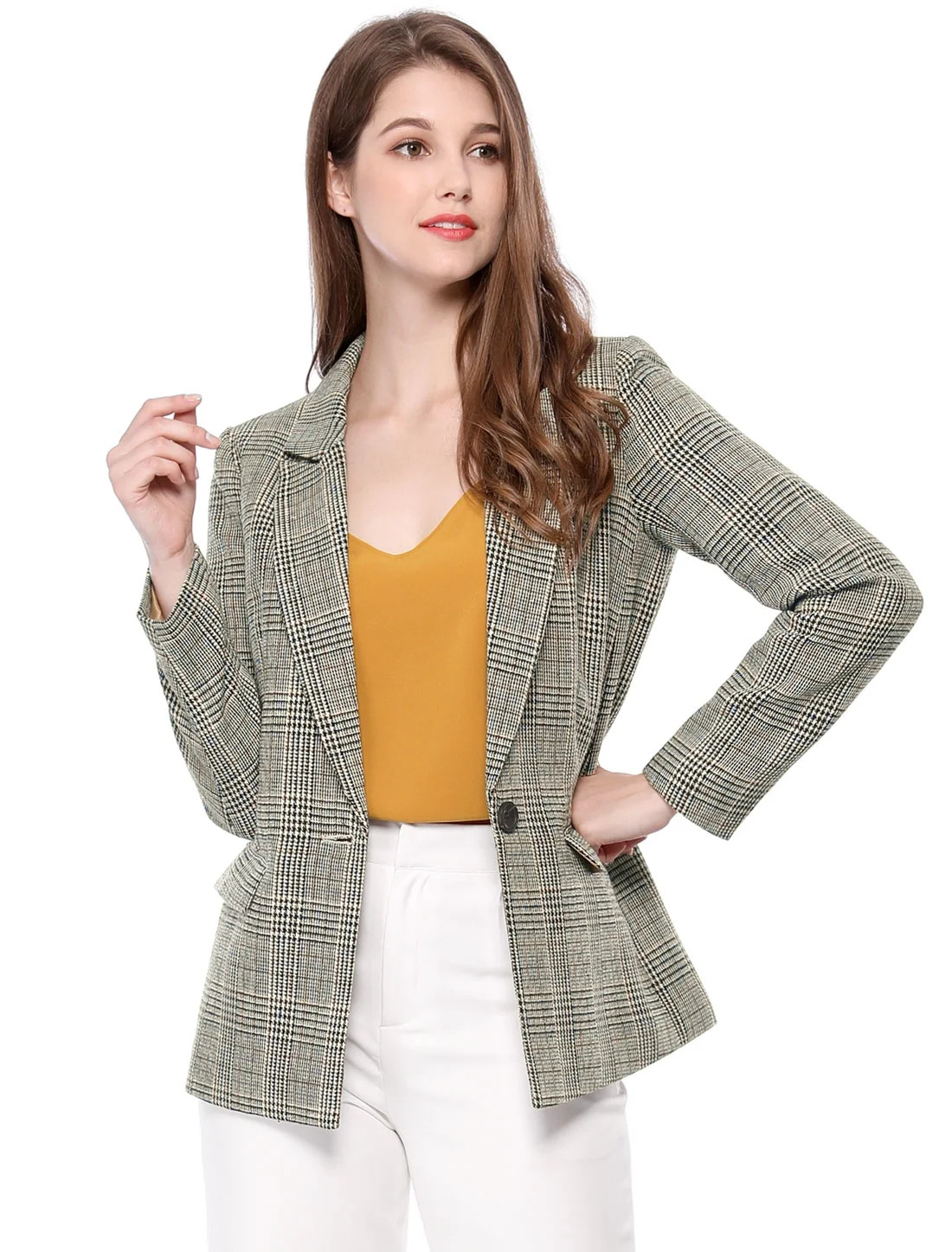 Allegra K Women's Notched Lapel One Button Hip Length Houndstooth Blazer | Walmart (US)