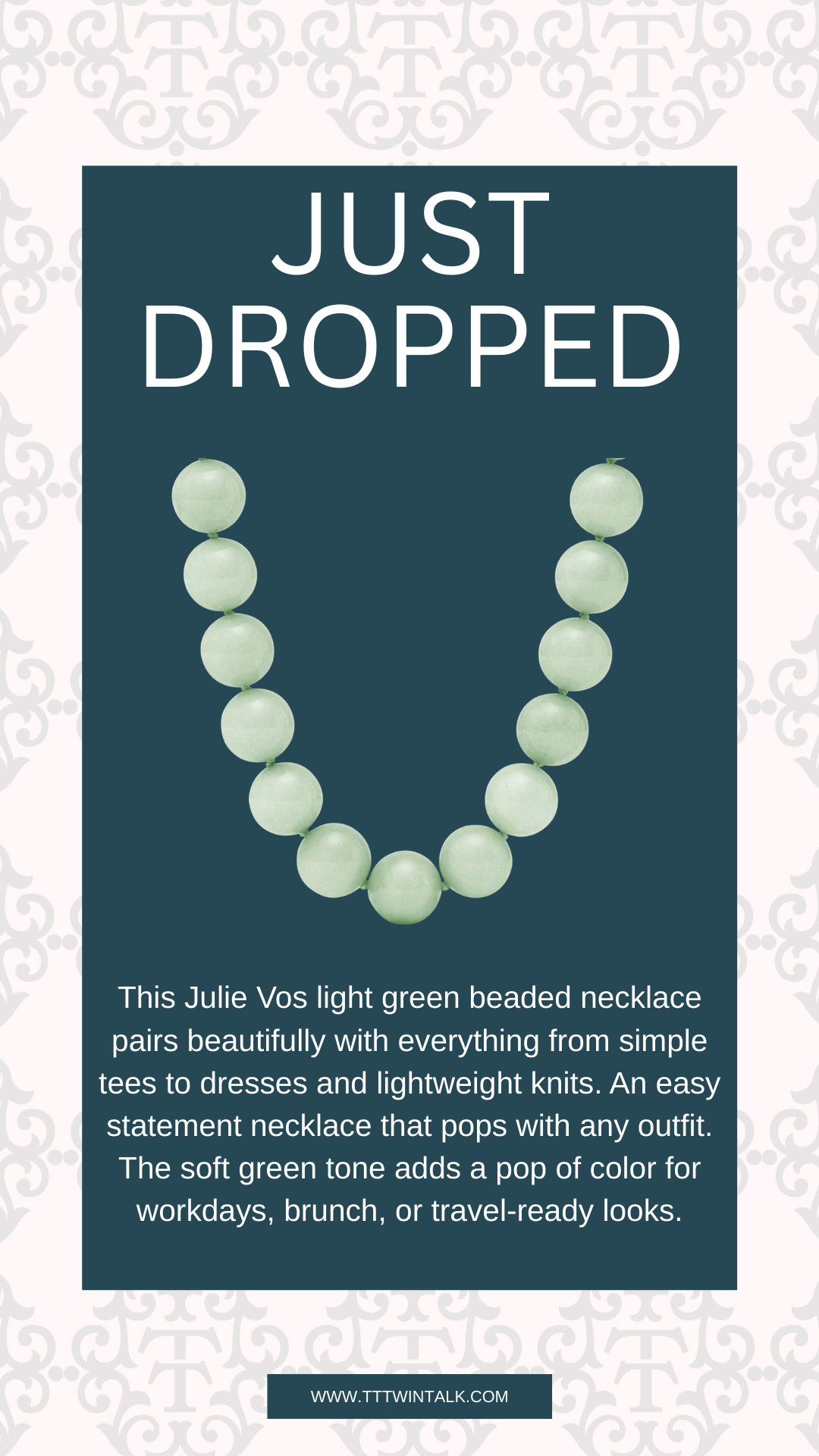 This Julie Vos light green beaded necklace pairs beautifully with everything from simple tees to dresses and lightweight knits. An easy statement necklace that pops with any outfit. The soft green tone adds a pop of color for workdays, brunch, or travel-ready looks. 

 #LTKSeasonal #LTKOver40 #LTKMidsize