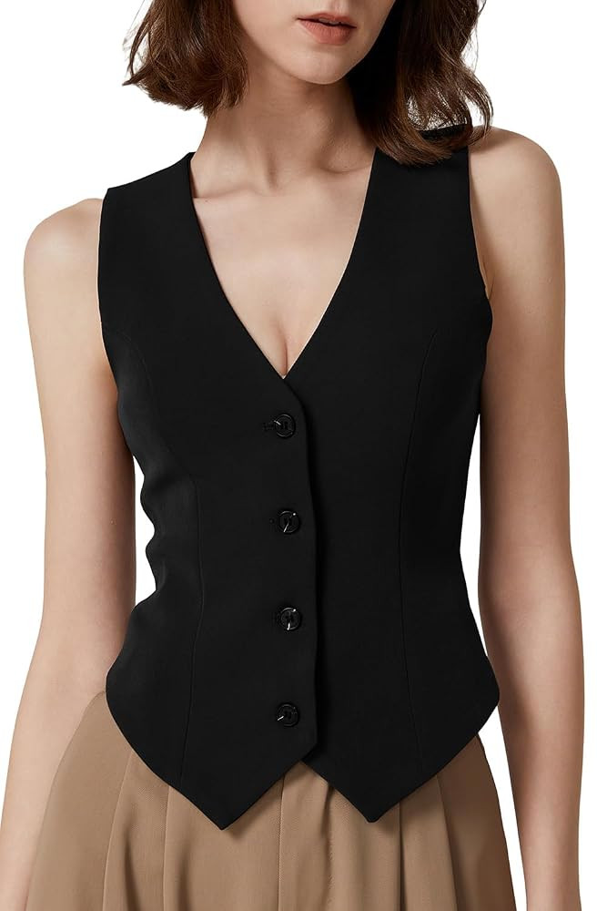 QINSEN Womens V Neck Vest Top Sleeveless Button Down Fully Lined Solid Going Out Crop Tops | Amazon (US)