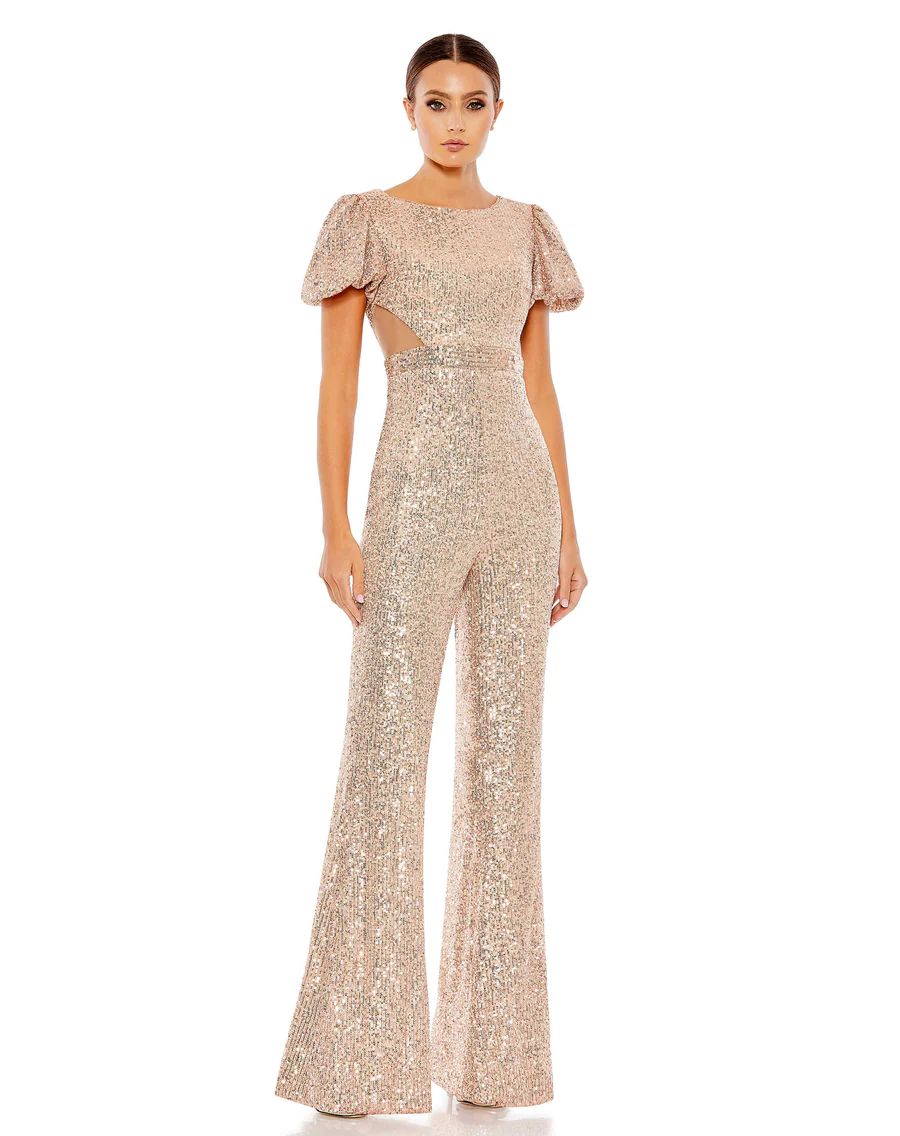 Sequined Puff Shoulder Illusion Cut Out Jumpsuit | Mac Duggal