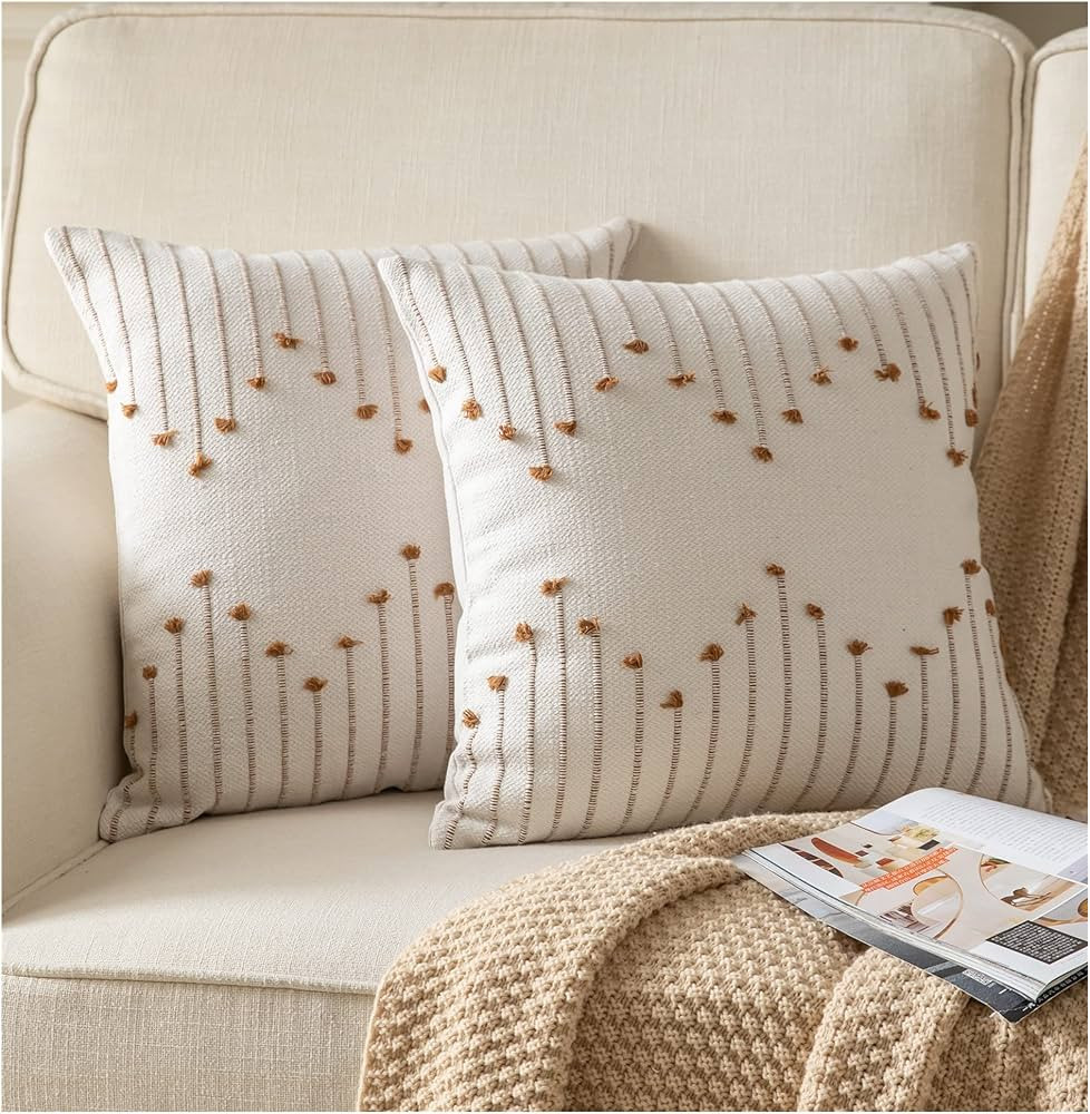 Caflife Boho Throw Pillow Covers 18x18 Set of 2 Decorative Pillows for Bed, Neutral Pillow Covers... | Amazon (US)