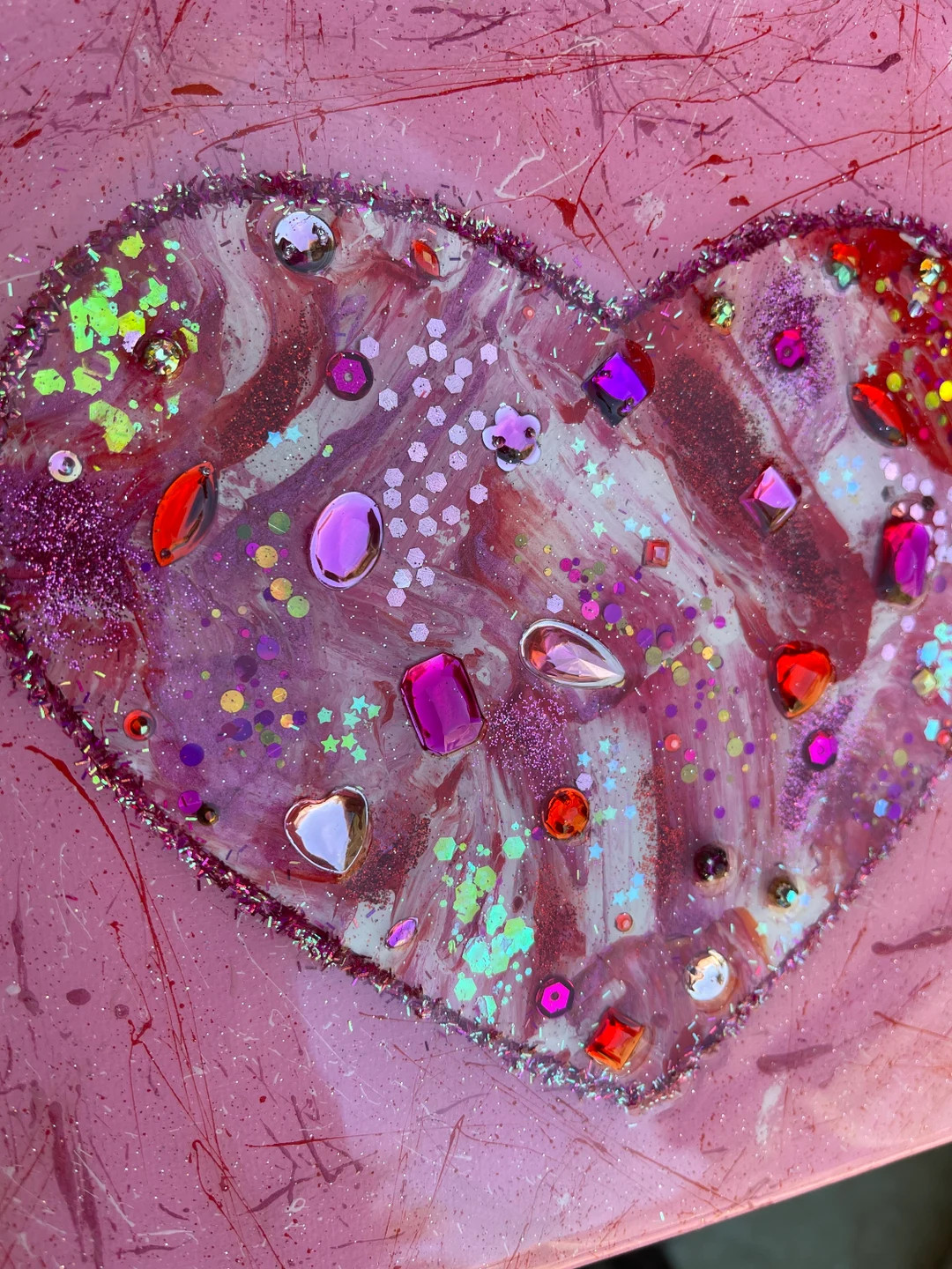 Abstract Rhinestone Heart Pink Resin Painting 8x10, Pink and Red Wall Art Home Decor Paint Splatt... | Etsy (US)