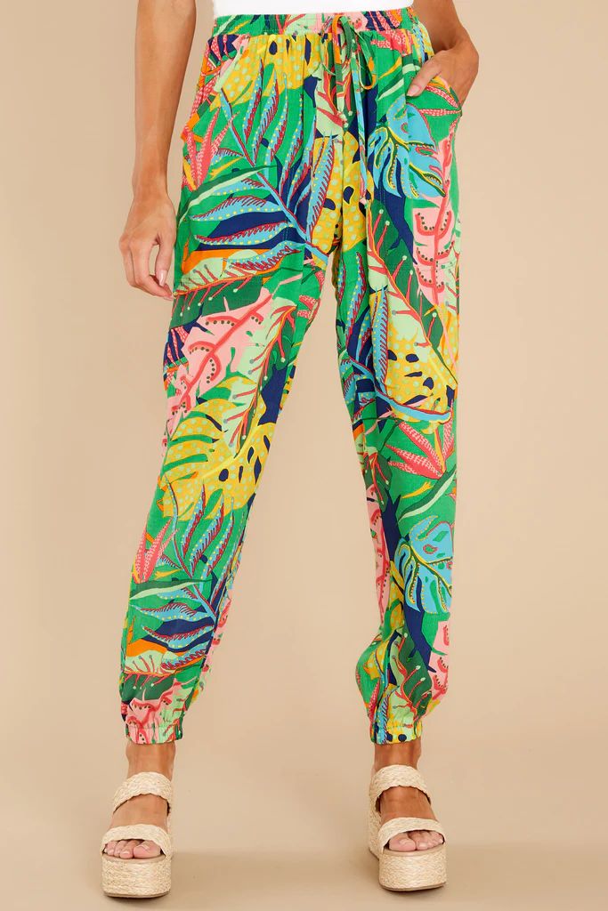 My Intuition Green Multi Tropical Print Joggers | Red Dress 