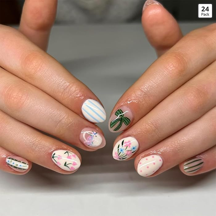 Cute Flower Bow Press on Nails Short Oval Fake Nails Glossy Artificial Glue on Nail Reusable Acry... | Amazon (US)