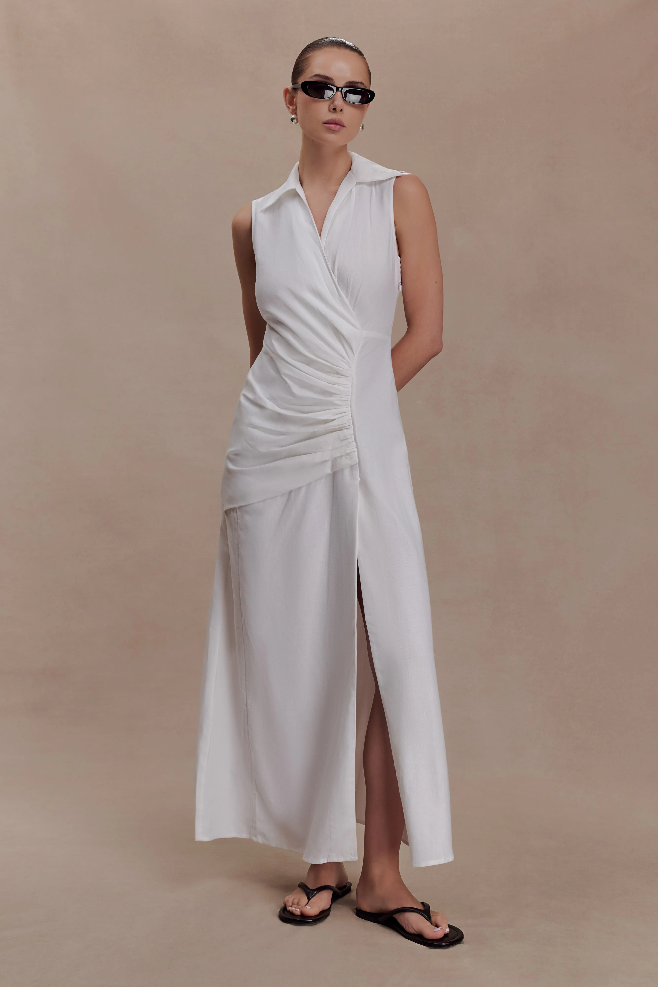 Ruched Linen Midi Dress - White | MESHKI US
