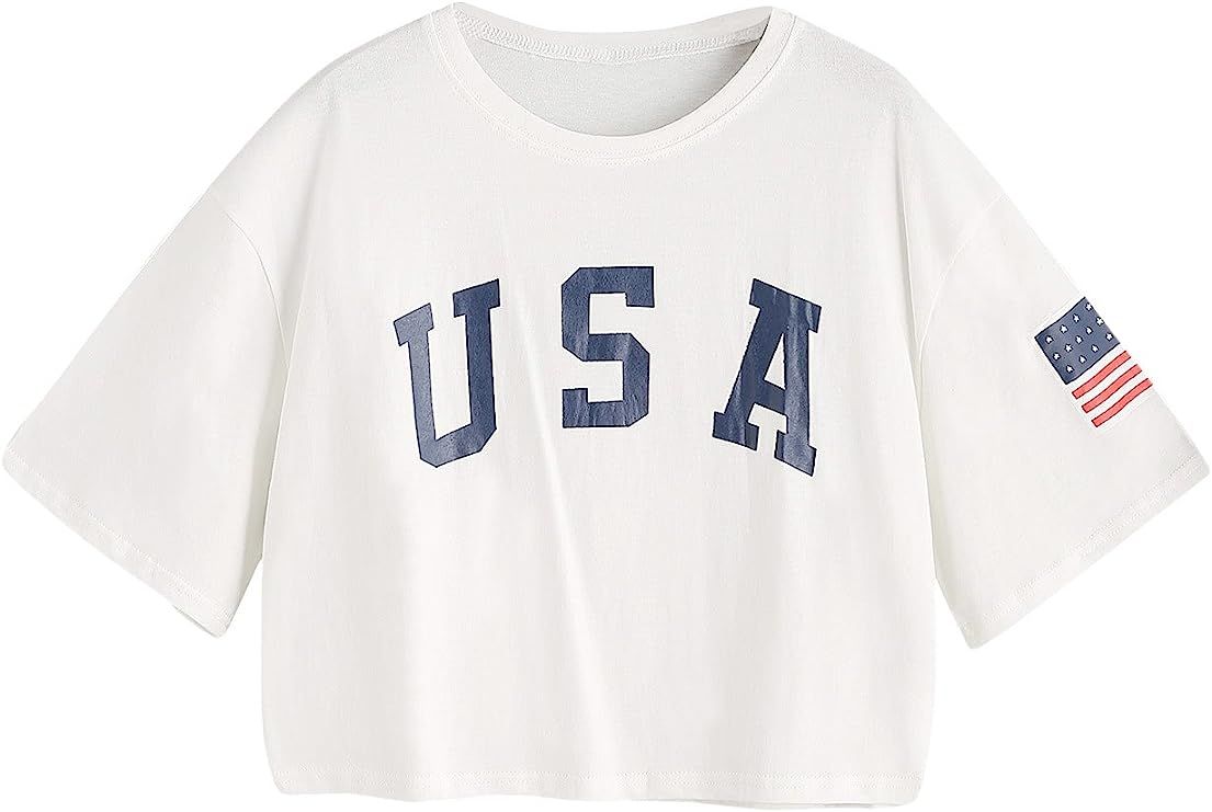 HUILAN Women's USA Letter Print Crop Tops Summer Short Sleeve T-Shirt | Amazon (US)
