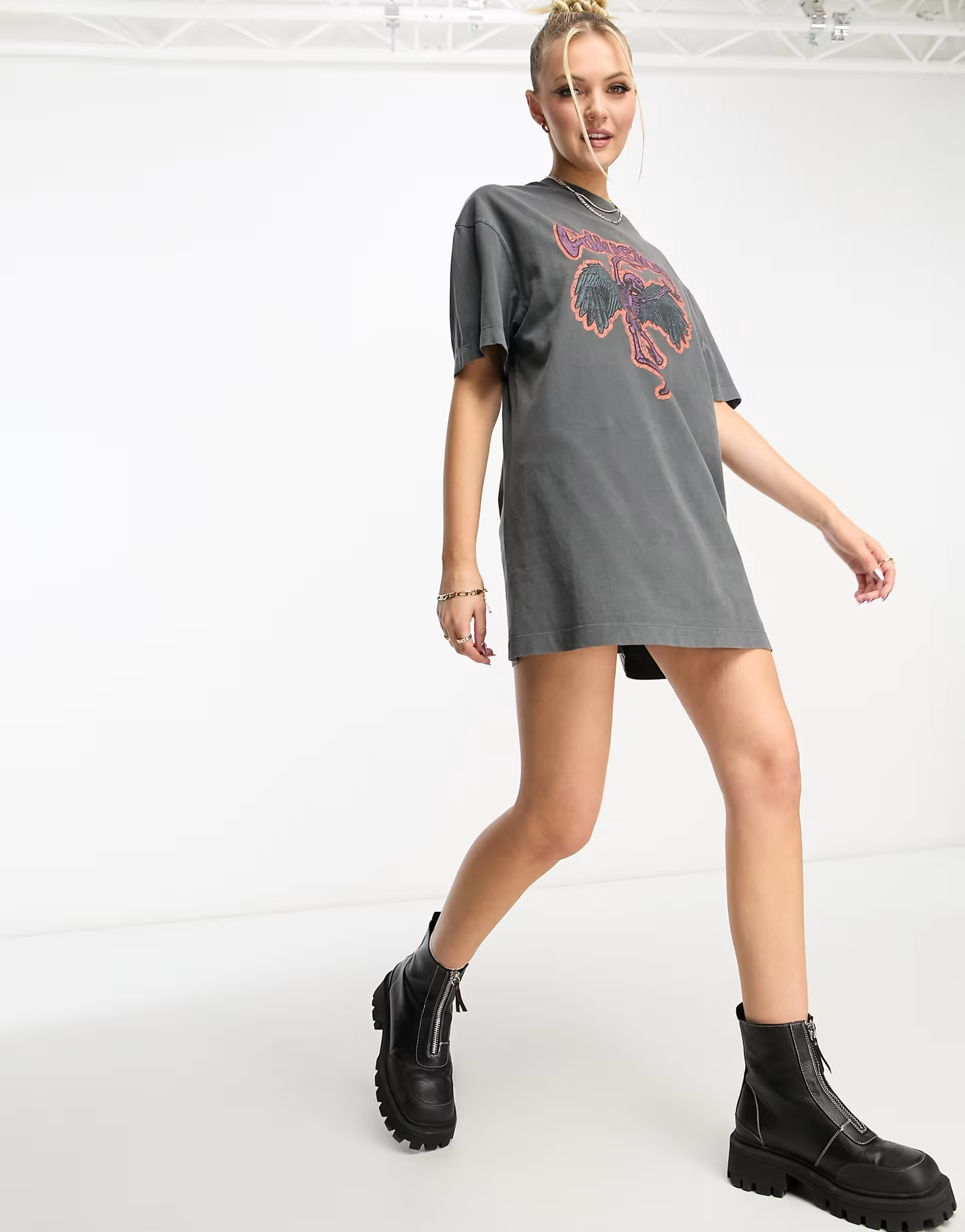 COLLUSION branded graphic T-shirt dress in gray | ASOS (Global)
