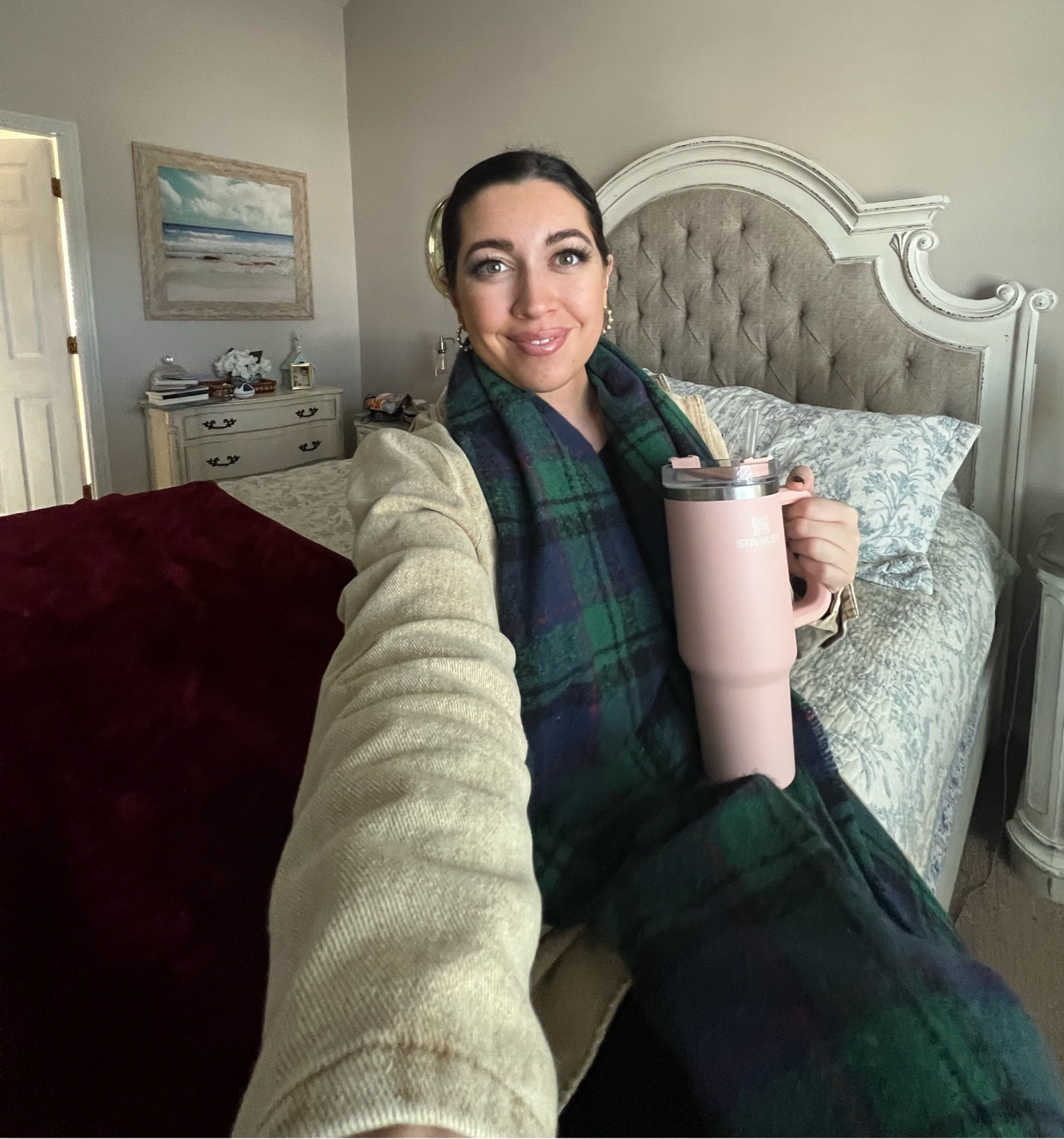 Cute casual fall outfit. Work from home outfit. Blazer inspired jacket and scarf duo is my fave !!! Loving these fall holiday color schemes. Stanley cups make the perfect Christmas gift too  

#LTKGiftGuide #LTKHoliday #LTKSeasonal