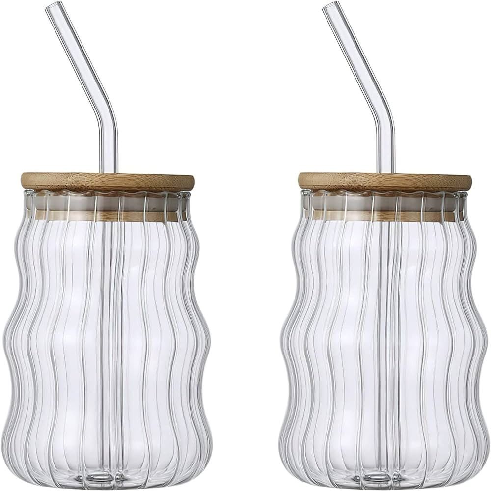 KWQBHW 2 Pack Drinking Glasses with Bamboo Lids and Glass Straw 17oz Creative Ripple Bobo Cup New Gl | Amazon (US)