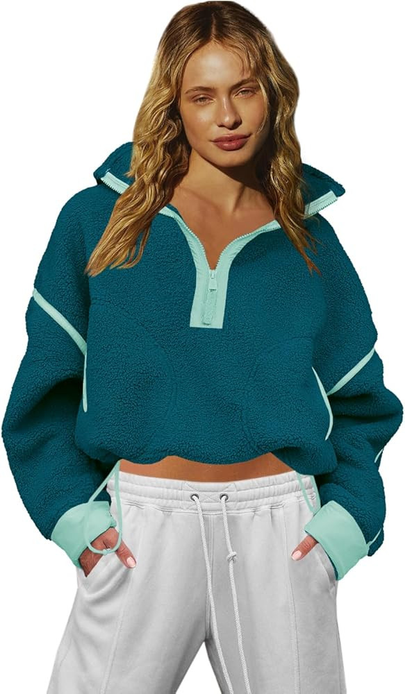 LAMISSCHE Half Zip Sweatshirt Women Oversized Sherpa Jacket V Neck Fleece Pullover Hoodie with Po... | Amazon (US)
