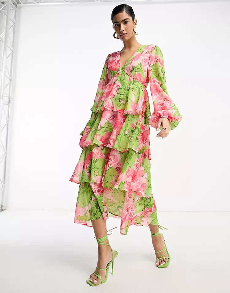Pretty Lavish ruffle maxi dress in pink floral | ASOS (Global)