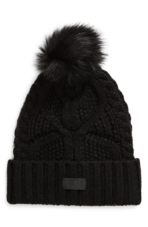 UGG(r) Faux Fur Pompom Cable Knit Beanie in Black at Nordstrom | Nordstrom