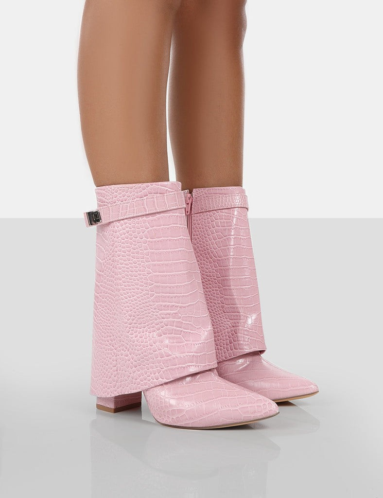 Fyre Baby Pink Croc Pointed Toe Heeled Ankle Boots | Public Desire (US & CA)