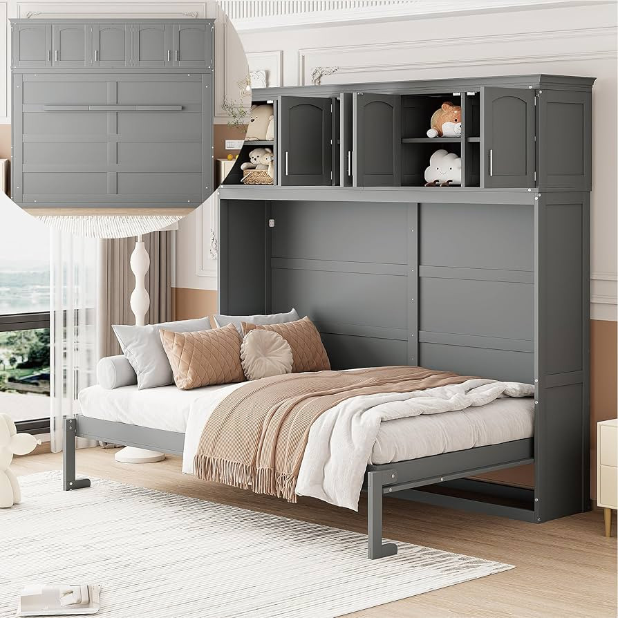 Merax Modern Murphy Cabinet Bed with Top Cabinets, Solid Wood Wall Platform Bed/No Box Spring Nee... | Amazon (US)