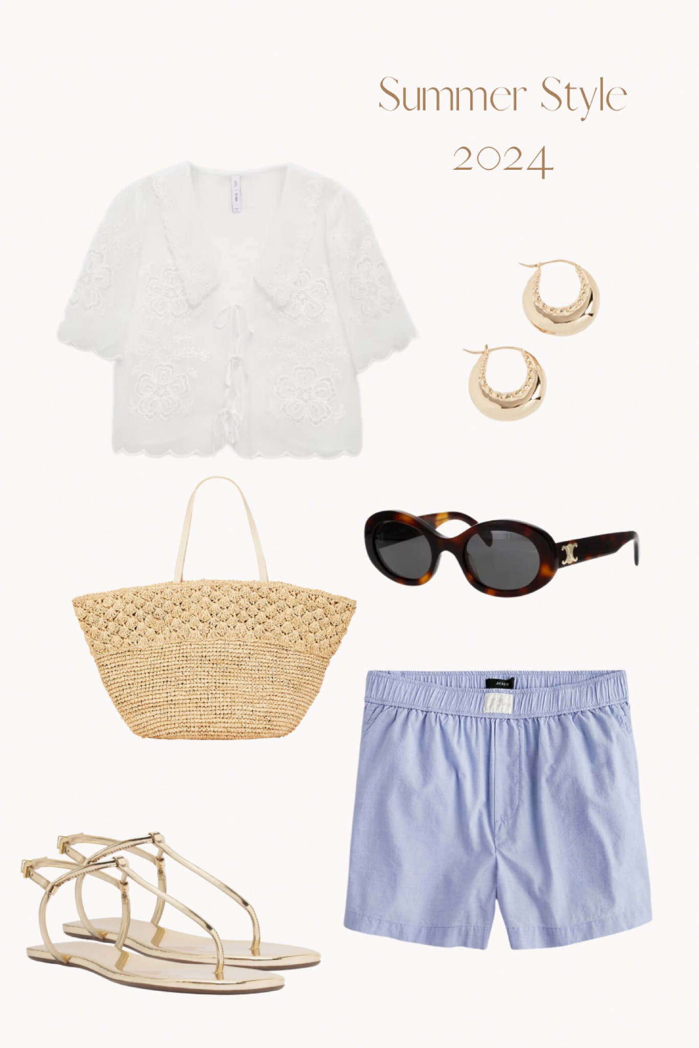 Summer Outfit. Boxer shorts, blue boxer shorts, tie eyelet blouse, eyelet blouse, tie blouse, t strap sandals, gold sandals, gold earrings, oval sunglasses, beach bag, shorts, travel outfit #LTKFindsUndee100

#LTKShoeCrush #LTKFindsUnder50 #LTKSeasonal