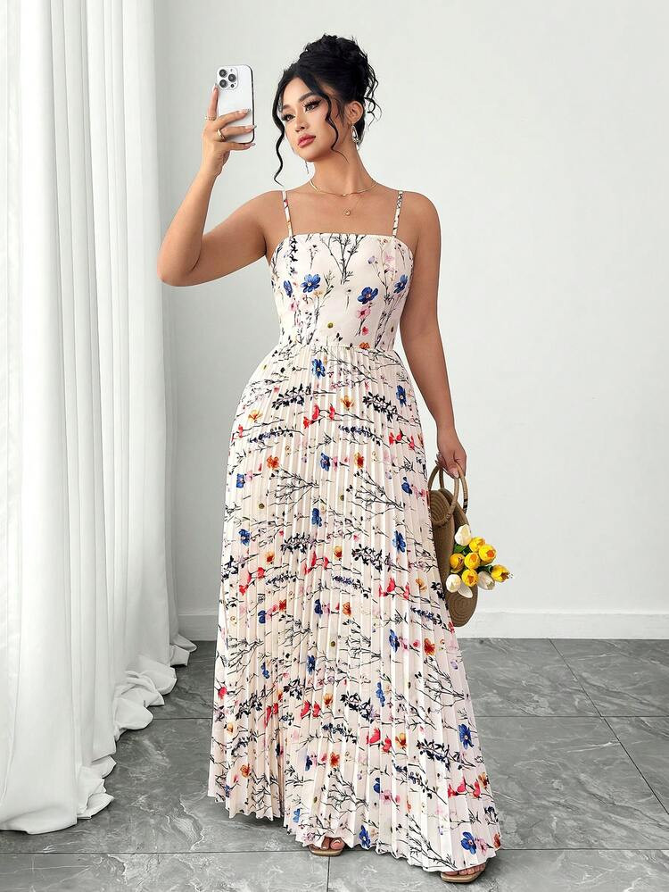 SHEIN Tall CURVE Women's Romantic Elegant Floral Pleated Dress | SHEIN