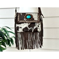 Cowhide Crossbody Purse Western Bag With Fringes Turquoise Handbag Clutch Brown Black Leather Hair On Cow Hide Rodeo Cowgirl Gifts For Her | Etsy (US)