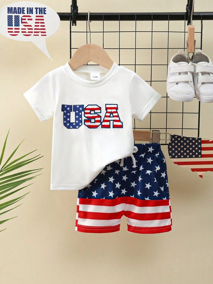 Independence Day Baby Boys Letter Embroidered Short-Sleeved T-Shirt + Star Striped Bowknot Casual... | SHEIN